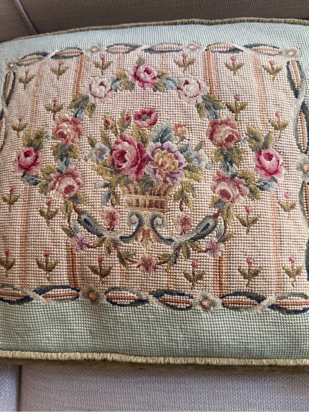 Pair Antique French PILLOW Cushions large needlepoint petitpoint roses
